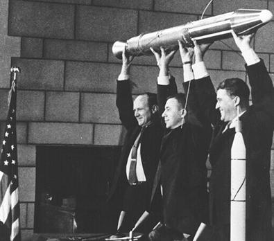 von Braun, Pickering and Van Allen holding a model of Explorer 1